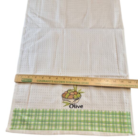 4 Olive Kitchen Towels Lavien Embroidered Waffle Cotton Blend 16x24" Green Plaid - Picture 9 of 13